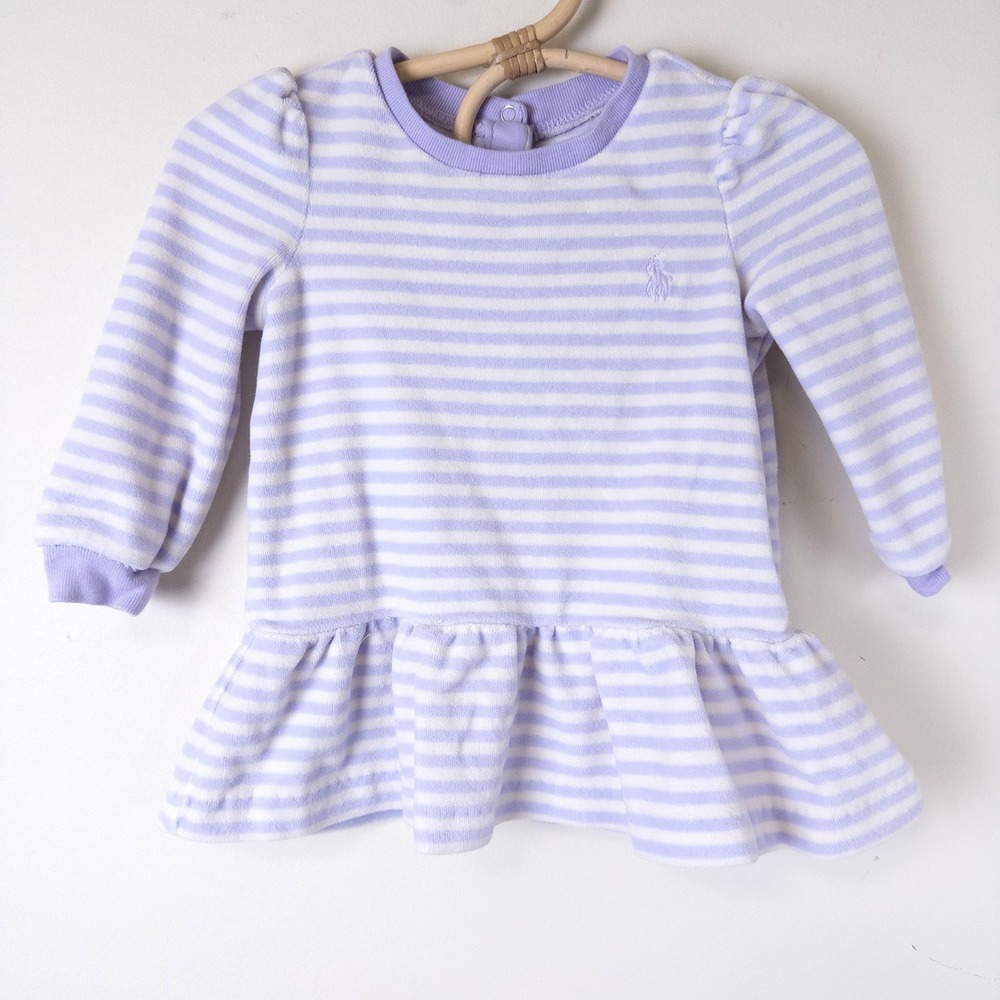 Ralph Lauren Velour Dress Baby 9M Purple‎ White Striped Ruffle Long Sleeve Pony